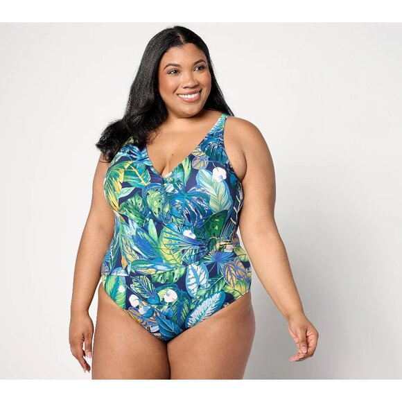 Susan Graver Soleil Wrap Front Swimsuit with Ring Detail Size 14 Navy Tropical - Picture 1 of 10